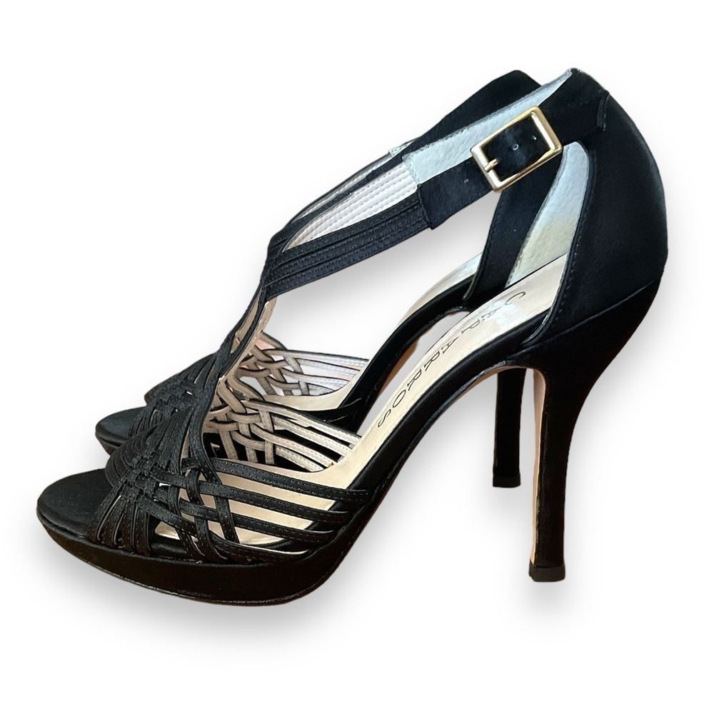 NEW Caparros Black Satin Wyndham Strappy High Heel Peep Toe Pumps Size 6